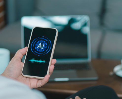 Side view of a hand holding smart phone voice command with digital Artificial intelligence AI