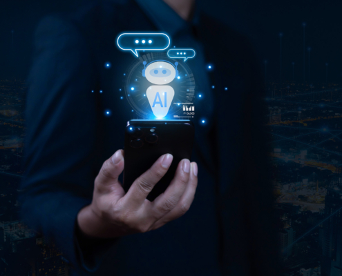 AI chatbots with virtual assistant tools and icons representing business